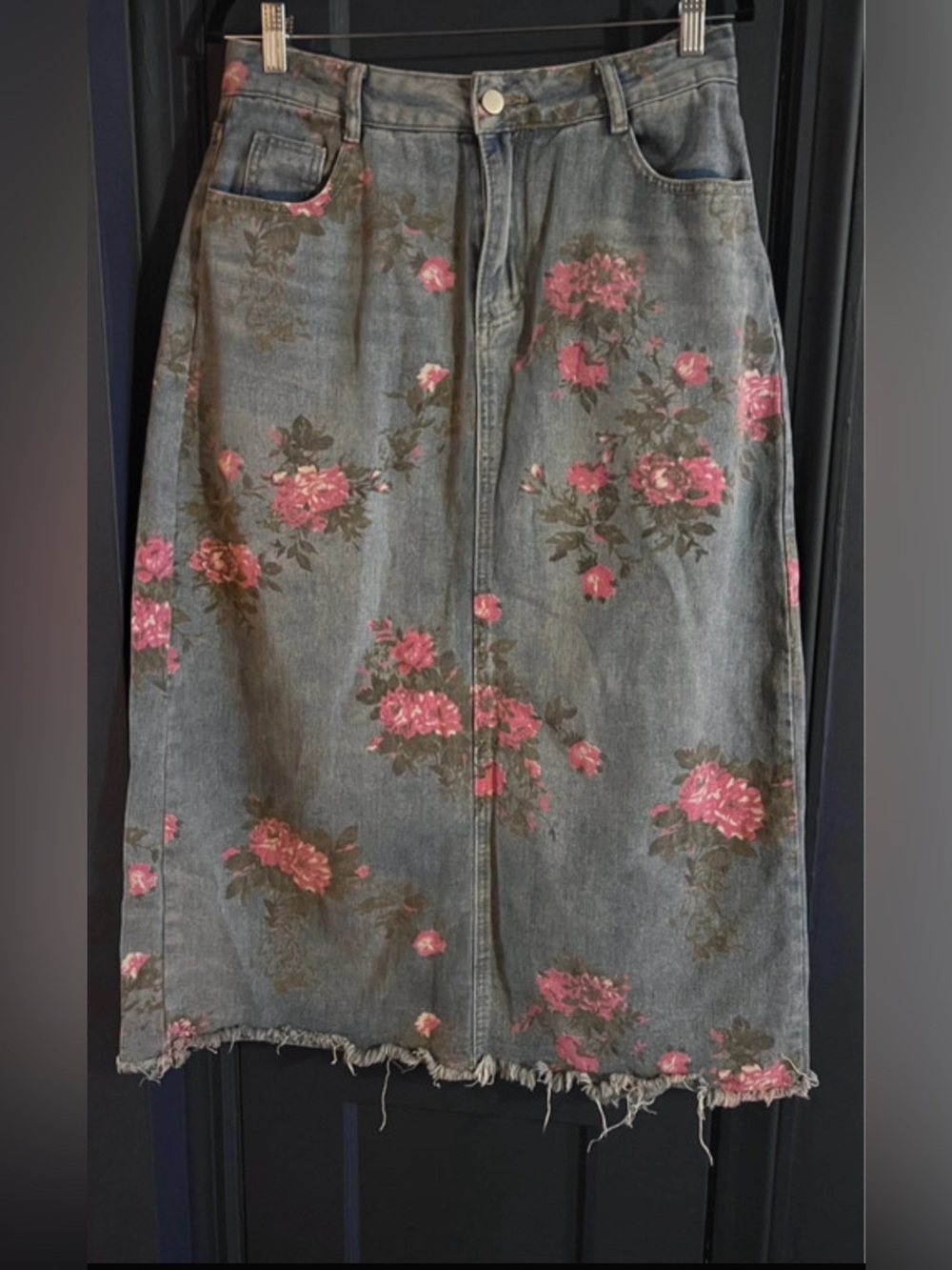 Floral Denim Midi Skirt - Pink on Gray